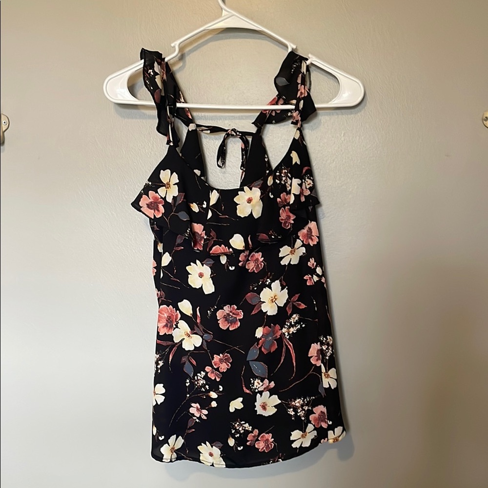 Black Floral Ruffle Shoulder Tank Blouse